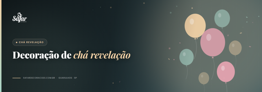 Decoração de chá revelação com painel em tons neutros, balões e cenário preparado para o momento da revelação