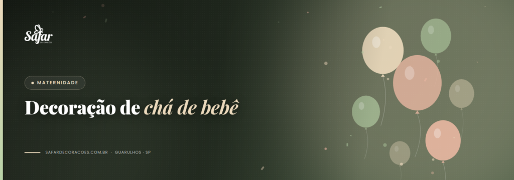 Decoração de chá de bebê com painel em tons suaves, balões delicados e mesa de doces acolhedora
