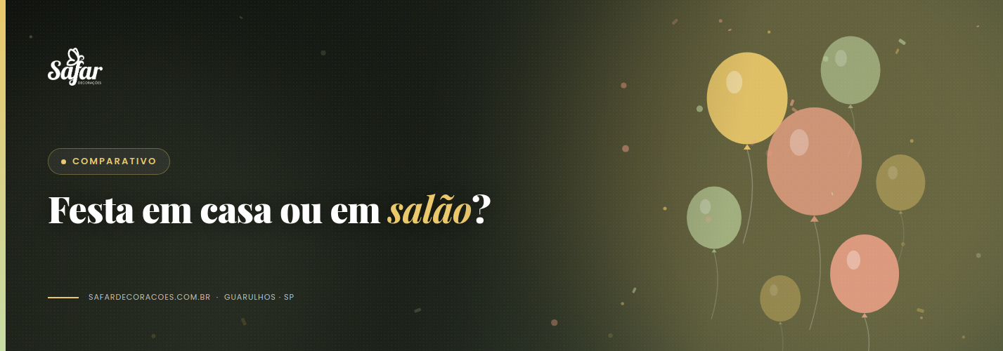 Comparativo de decoração de festa em área gourmet residencial e em salão de festas