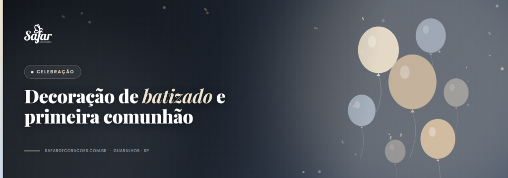 Decoração de batizado com painel claro, arranjos delicados e mesa do bolo em paleta suave